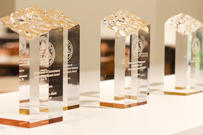 Display of clear crystal awards.