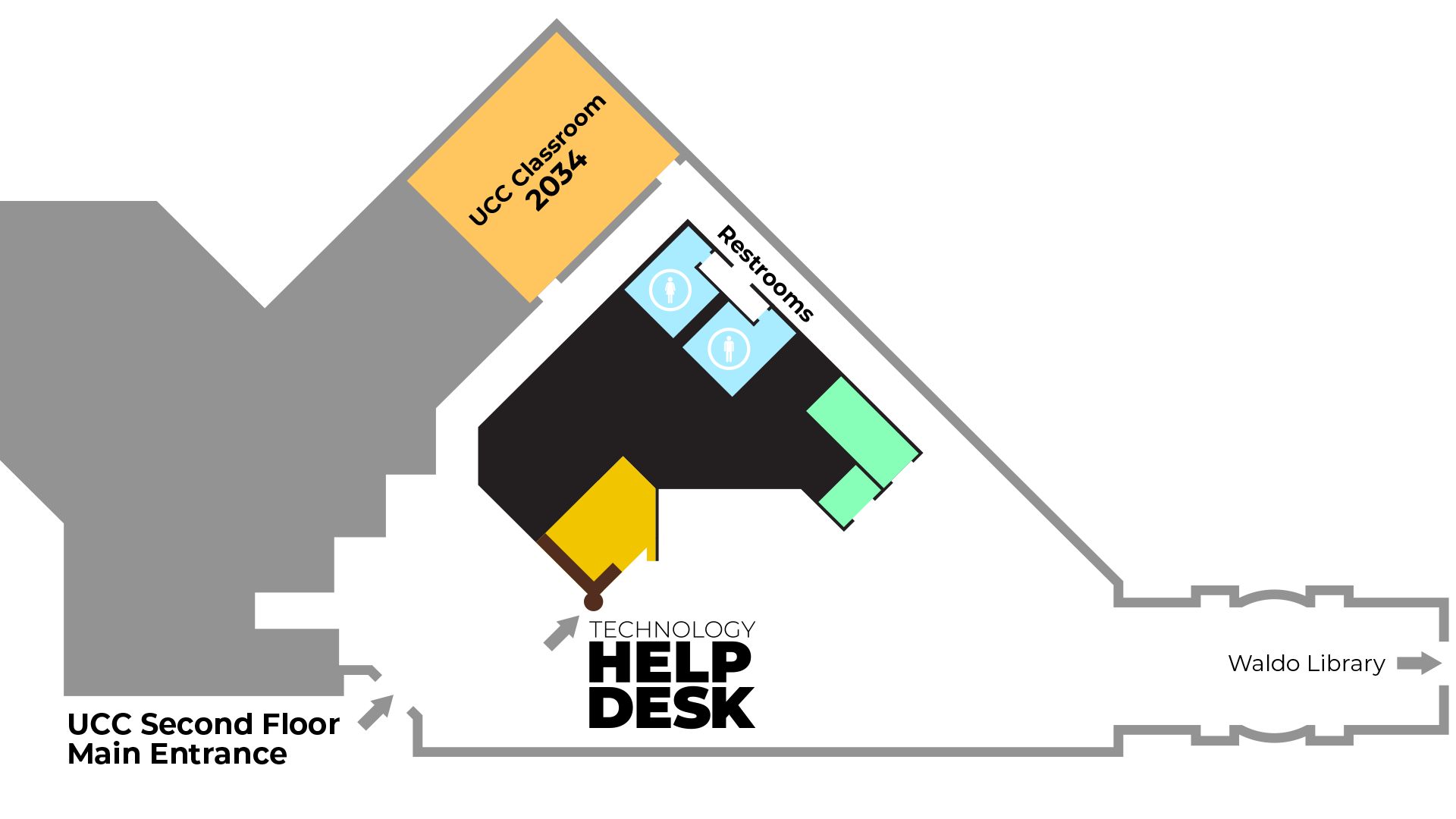 Map of the UCC second floor highlighting the location of the Help Desk.