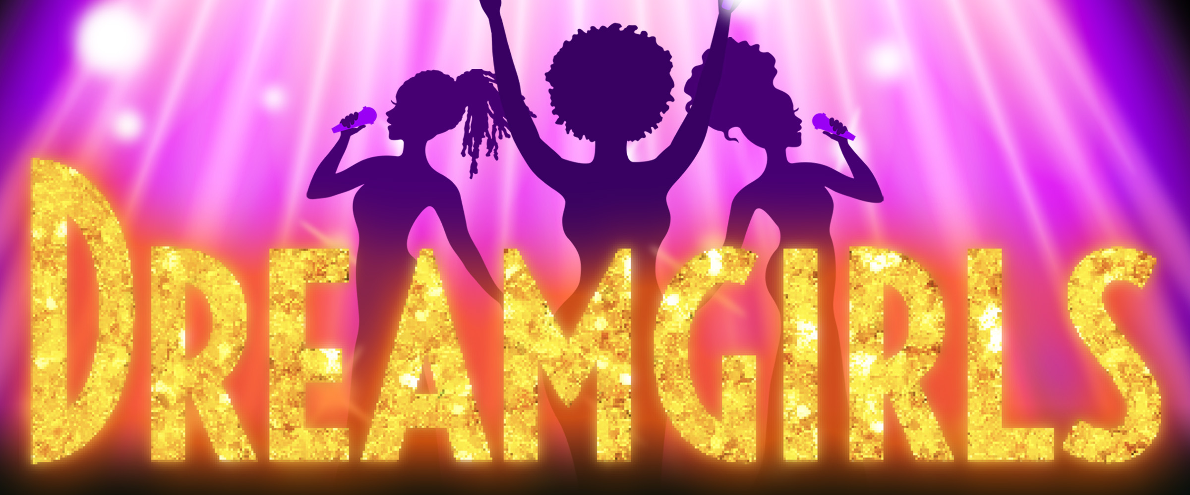 DREAMGIRLS in gold text with purple background the outline of 3 women singing.