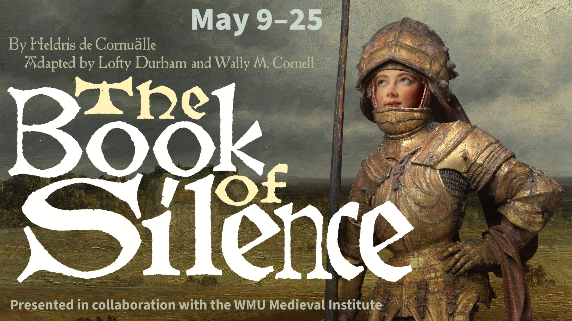 Title "The Book of Silence" with a medieval knight looking skyward