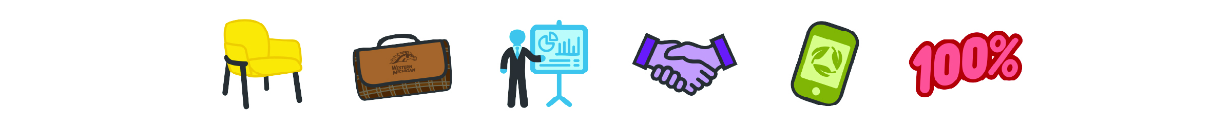 Six icons: a chair, a blanket, a presenter, hands shaking, a phone, and a 100% symbol