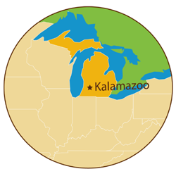 US map showing location of Kalamazoo, MI