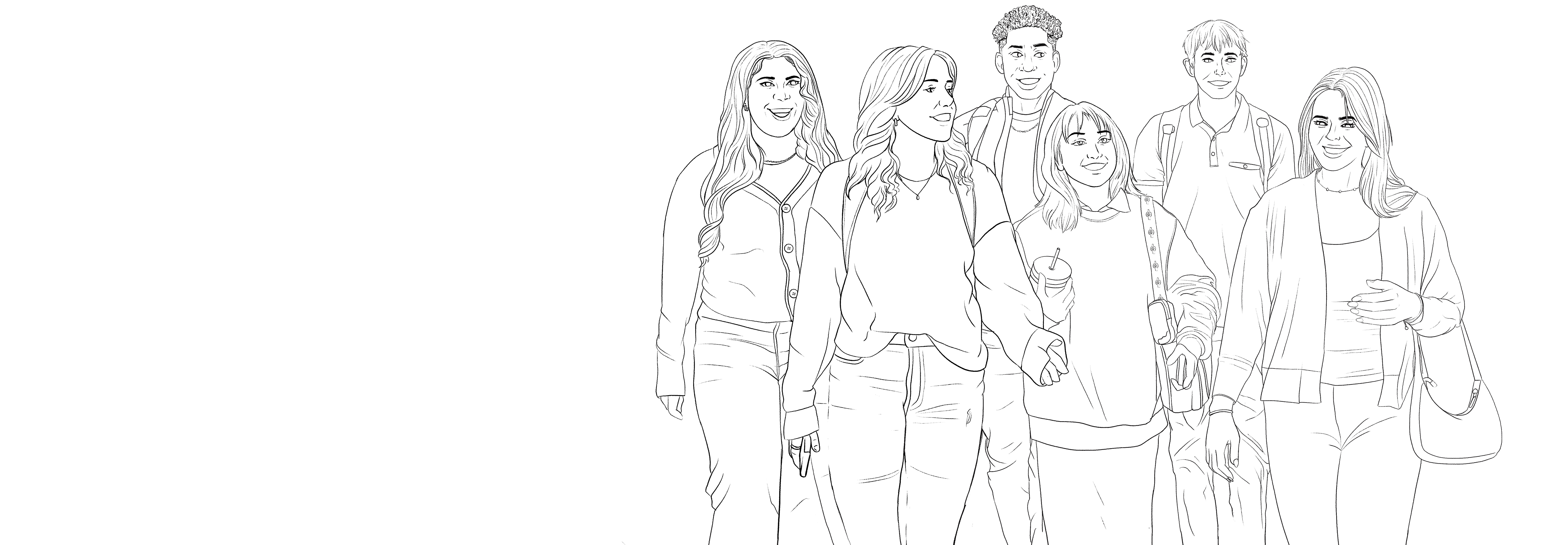 Six students walking down the hall in a drawing