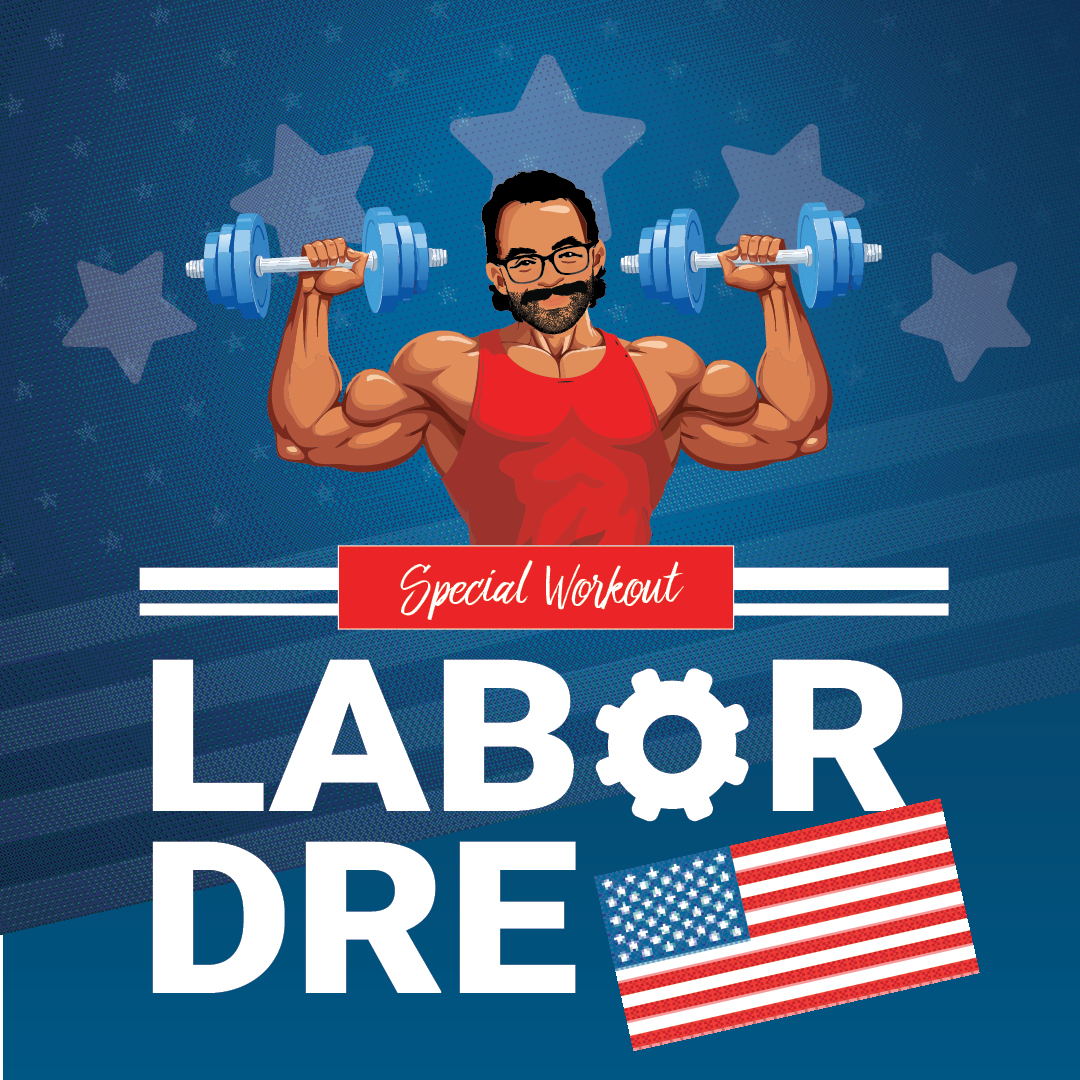 Caricature Dre Ballines Fitness Director lifting two dumb bells over his head 