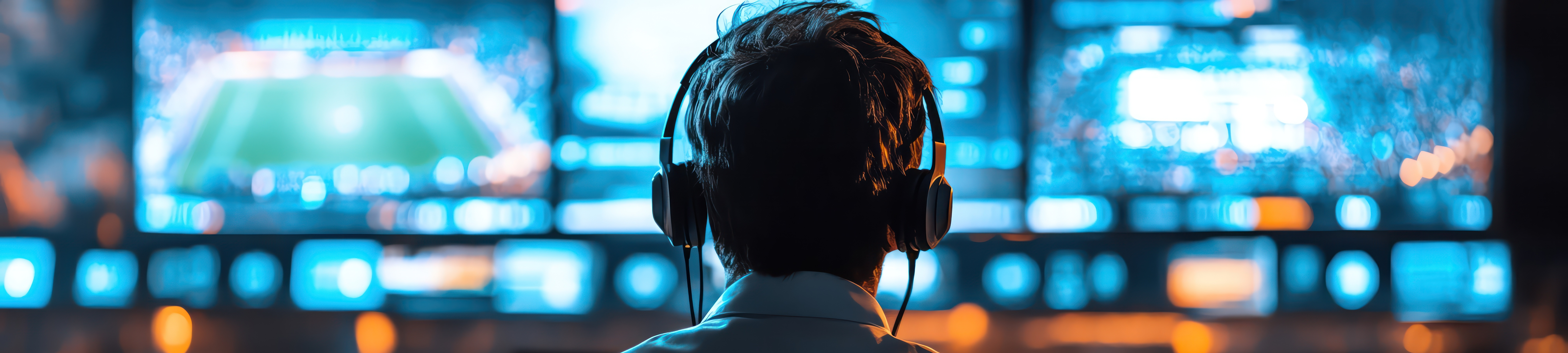 man in front of monitors watching sports