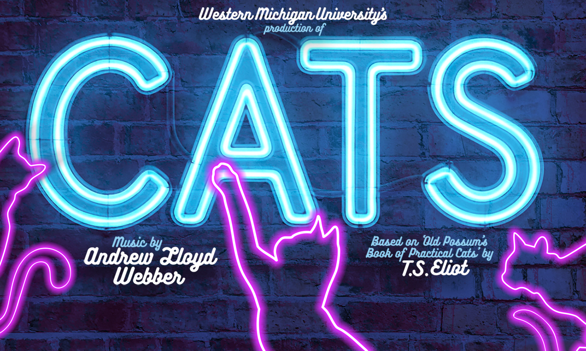 The title CATS in blue neon with pink neon cats around it.