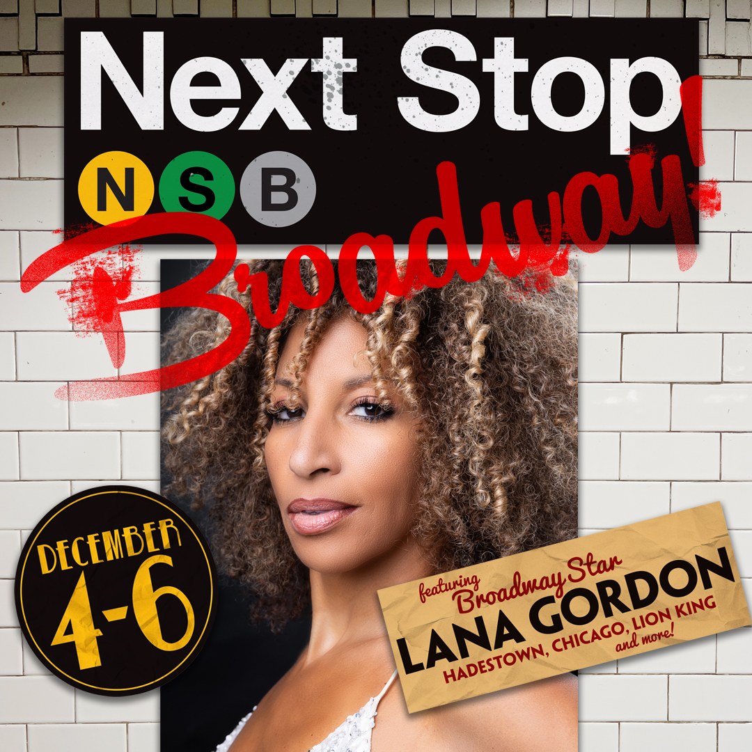 Picture of Lana Gordon with Next Stop Broadway text in a design that looks like the subway in New York. 