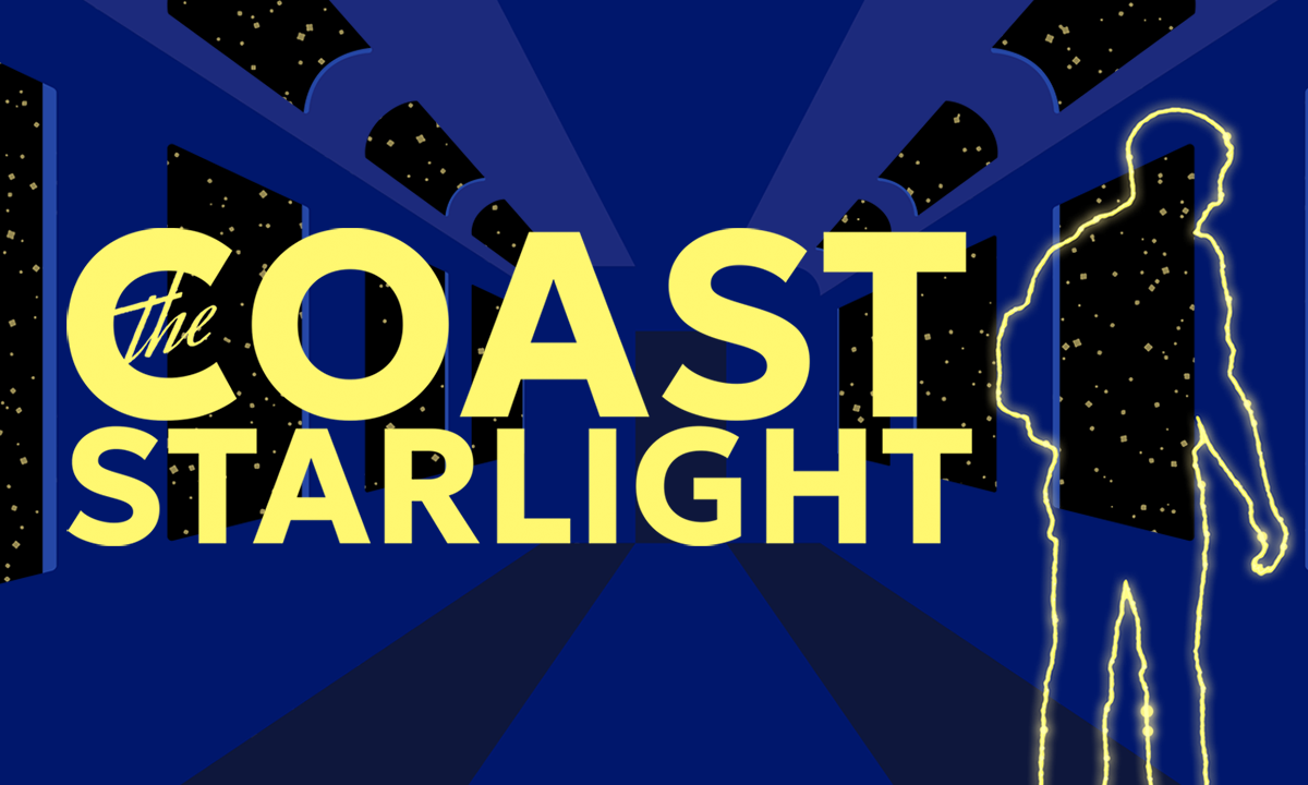Title THE COAST STARLIGHT in yellow with outlines of people on a train in blue. 