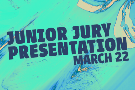 green swirl graphic with Junior Jury Presentation March 22.