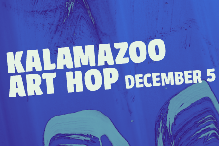 Blue neon background with text Kalamazoo Art Hop December 5.