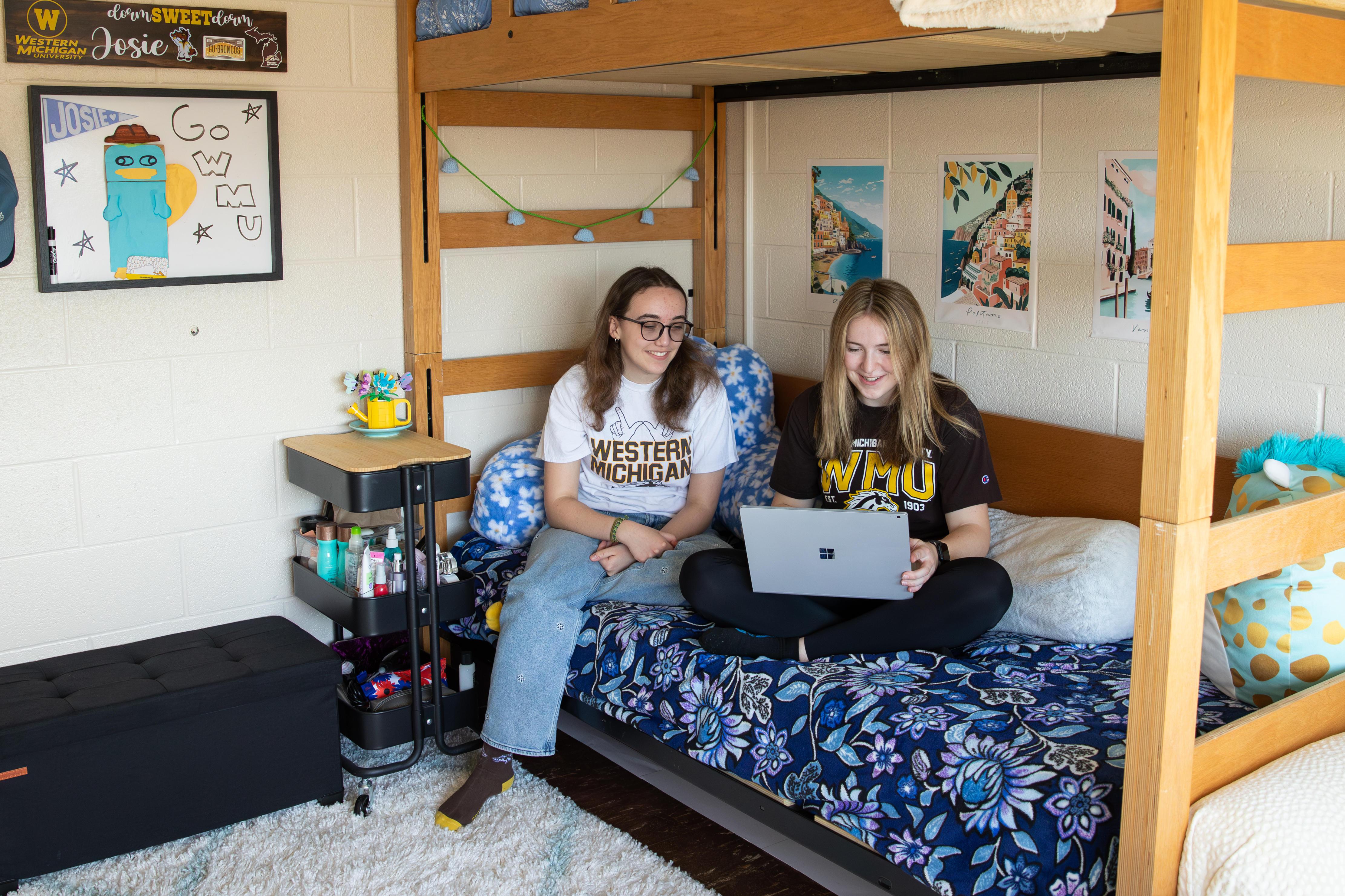 Two students in a residence hall room