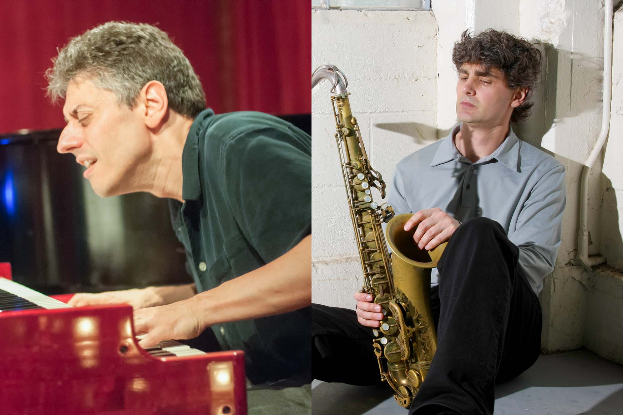 A man in a black shirt playing a red keyboard instrument and a man in a grey shirt sitting on the ground, holding a saxophone.
