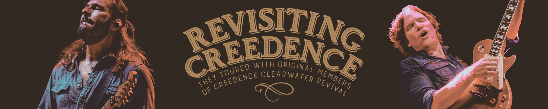 Close up of a guitar player to the left of Revisiting Creedence logo and a farther out shot of the guitar player on the other side.