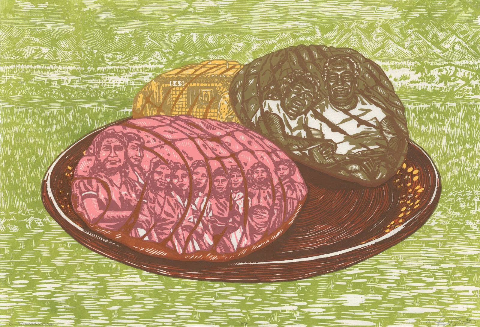 Artwork of meats or bread on a plate with faces in them showing the life of the people.