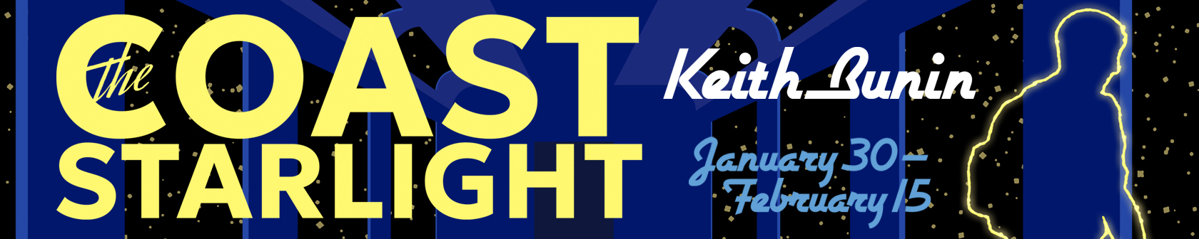Text of THE COAST STARLIGHT in yellow and a blue train setting with outlines of people in yellow.