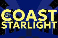 Text of THE COAST STARLIGHT in yellow and a blue train setting background.