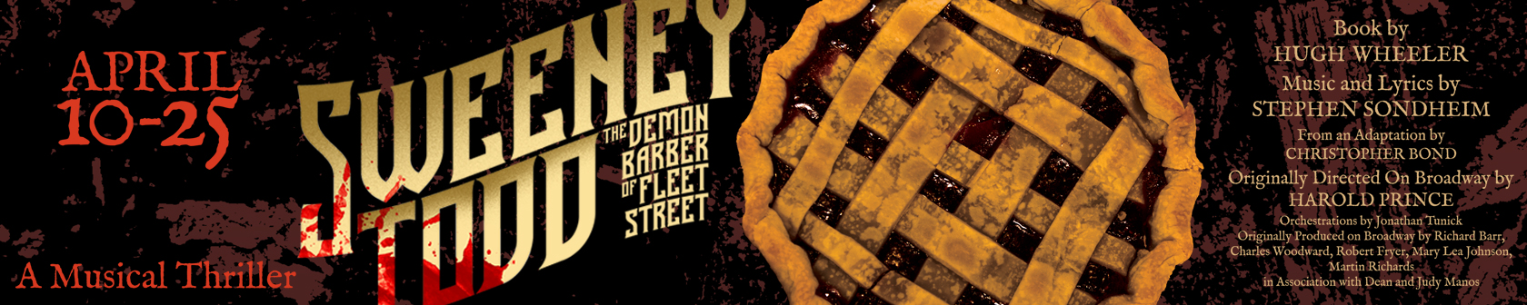 Text with blood reads Sweeney Todd with a graphic of a pie.