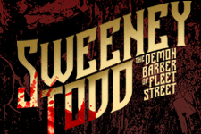 Text with blood reads Sweeney Todd with a graphic of a pie.