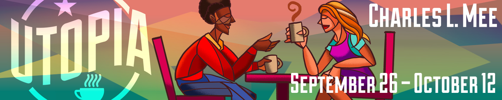 A colorful graphic featuring the title UTOPIA and a couple in cubist style sitting at a cafe table.