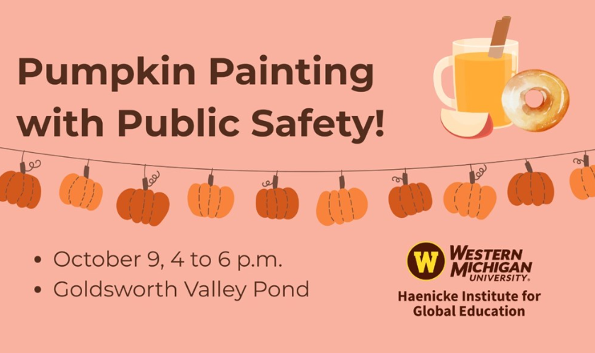 A pink poster advertising pumpkin painting with public safety