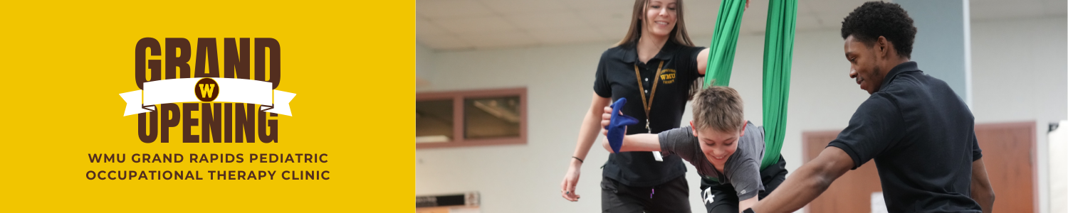 Image showing a child with to student clinicians that says grand opening