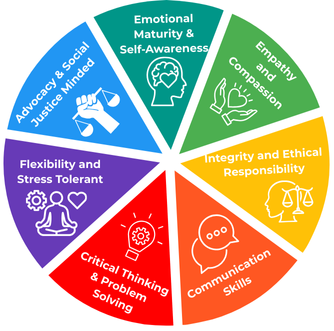 The social work wheel with images and text including emotional maturity, empathy, ethical responsibility, communication, problem solving, stress, adovocacy