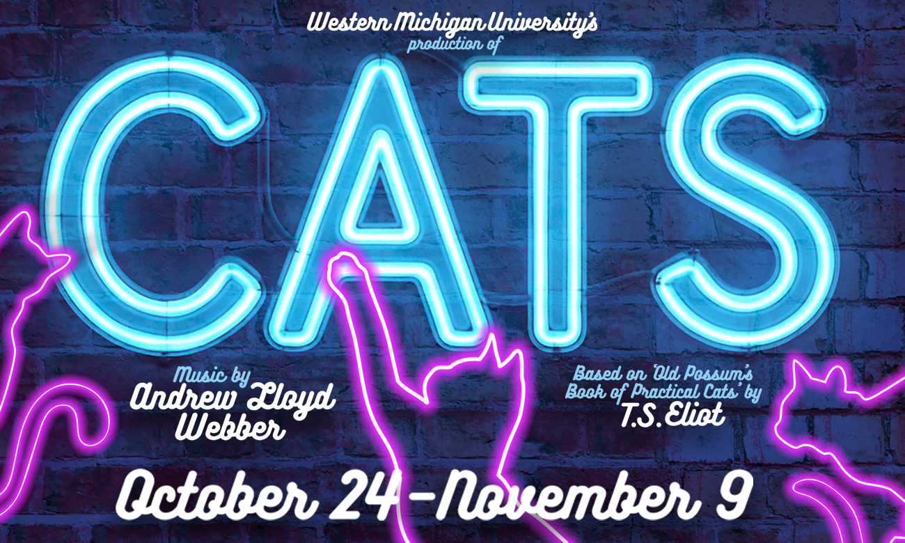 Neon CATS sign with the title of the musical and pink cats.