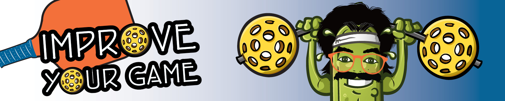 A cartoon pickle lifting a dumbbell with yellow Pickleballs at the end