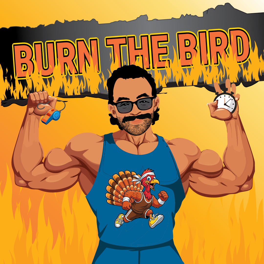 Burn the Bird wording on a burnt chard paper and fire surrounding it all