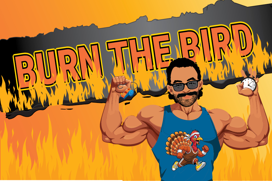 A hot yellow fire background behind the words Burn the Bird and a personal trainer holding up a whistle and a stop watch.