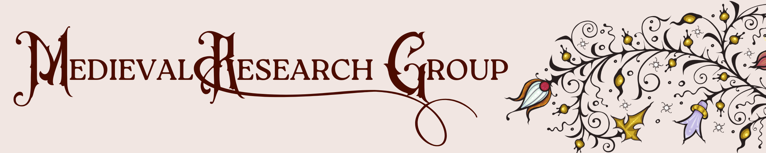 Decorative script reading "Medieval Research Group" with a floral motif on the right-hand side.