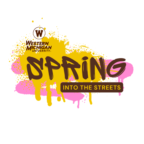WMU logo with 'Spring Into the Streets' text over a colorful paint splatter background.