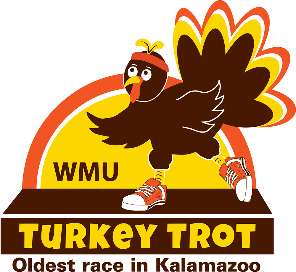 Turkey Trot main general logo with a cartoon like turkey running with tennis shoes on a street and a sunrise behind him