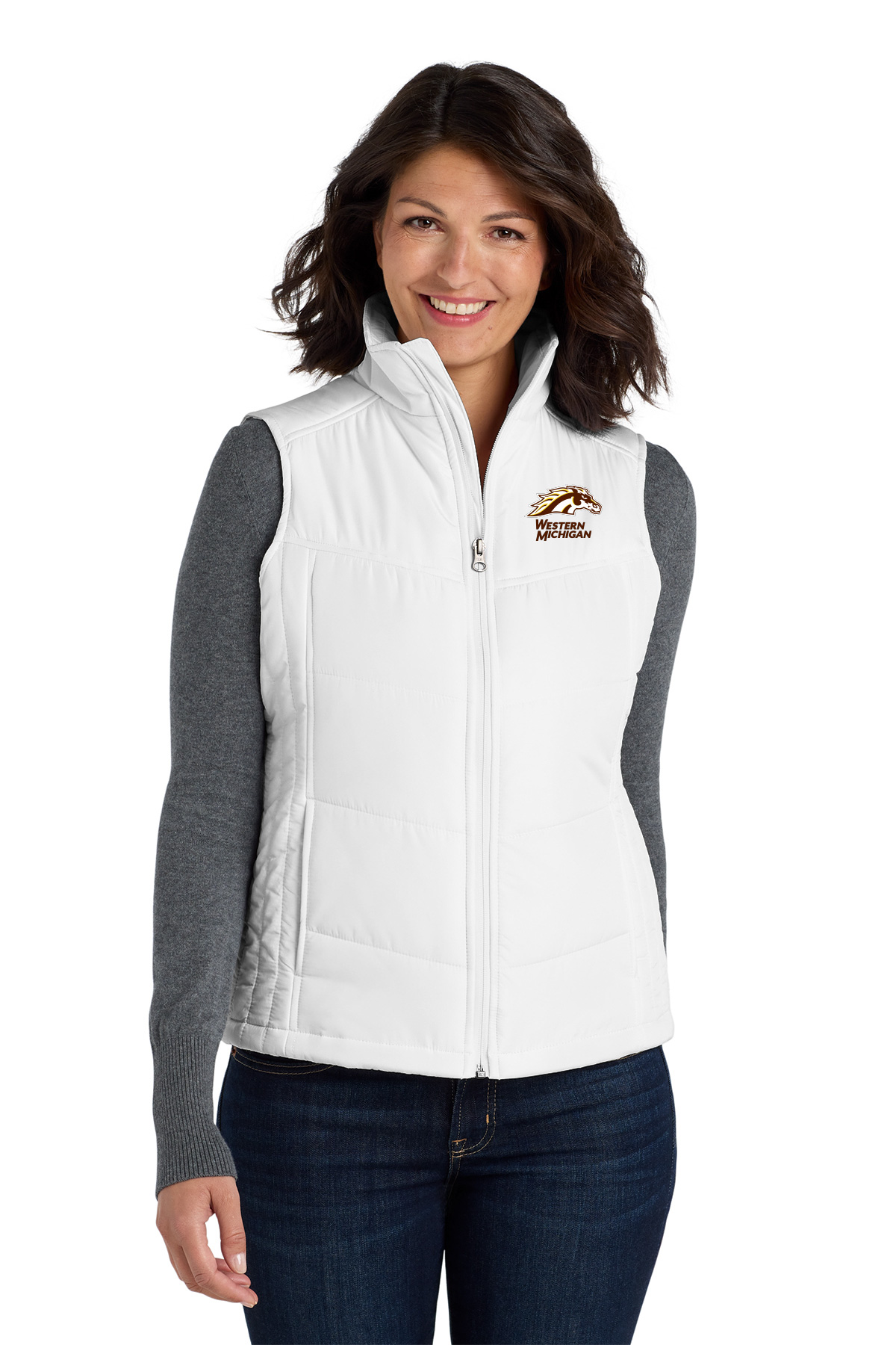 Woman wearing a white puffer vest