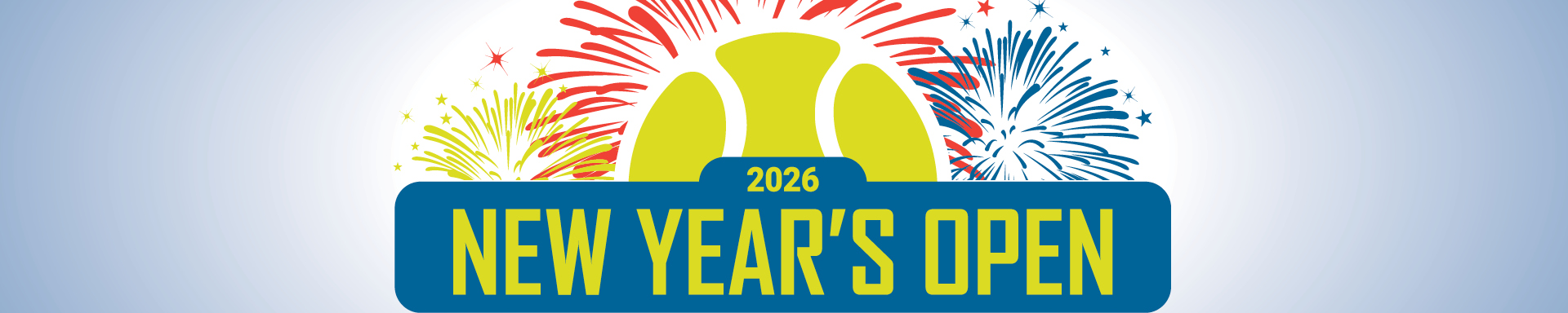 Red, blue and green fireworks behind a tennis ball with the words New Year Open in front of it in a blue box.