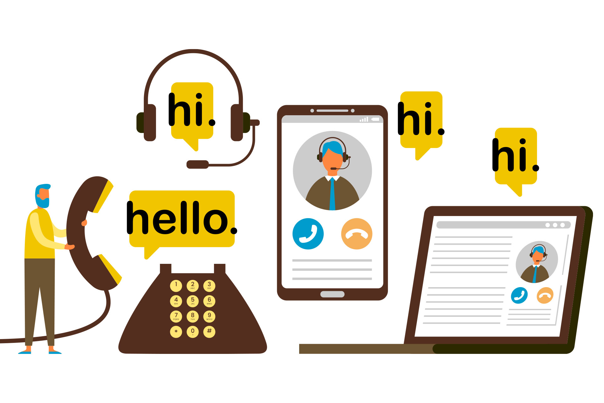  Illustration showing multiple devices, including a smartphone, a desk phone, a headset and a laptop, arranged together and appearing ready to answer an incoming call.
