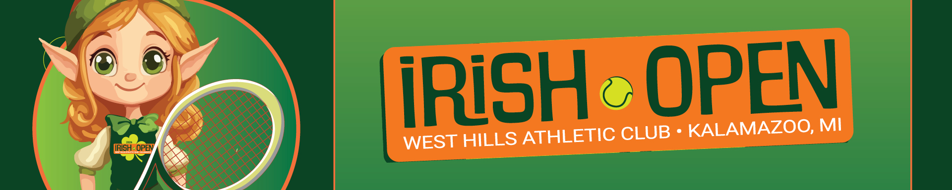 Elf holding a tennis racket with the Irish Open Tennis Tournament logo next to it.