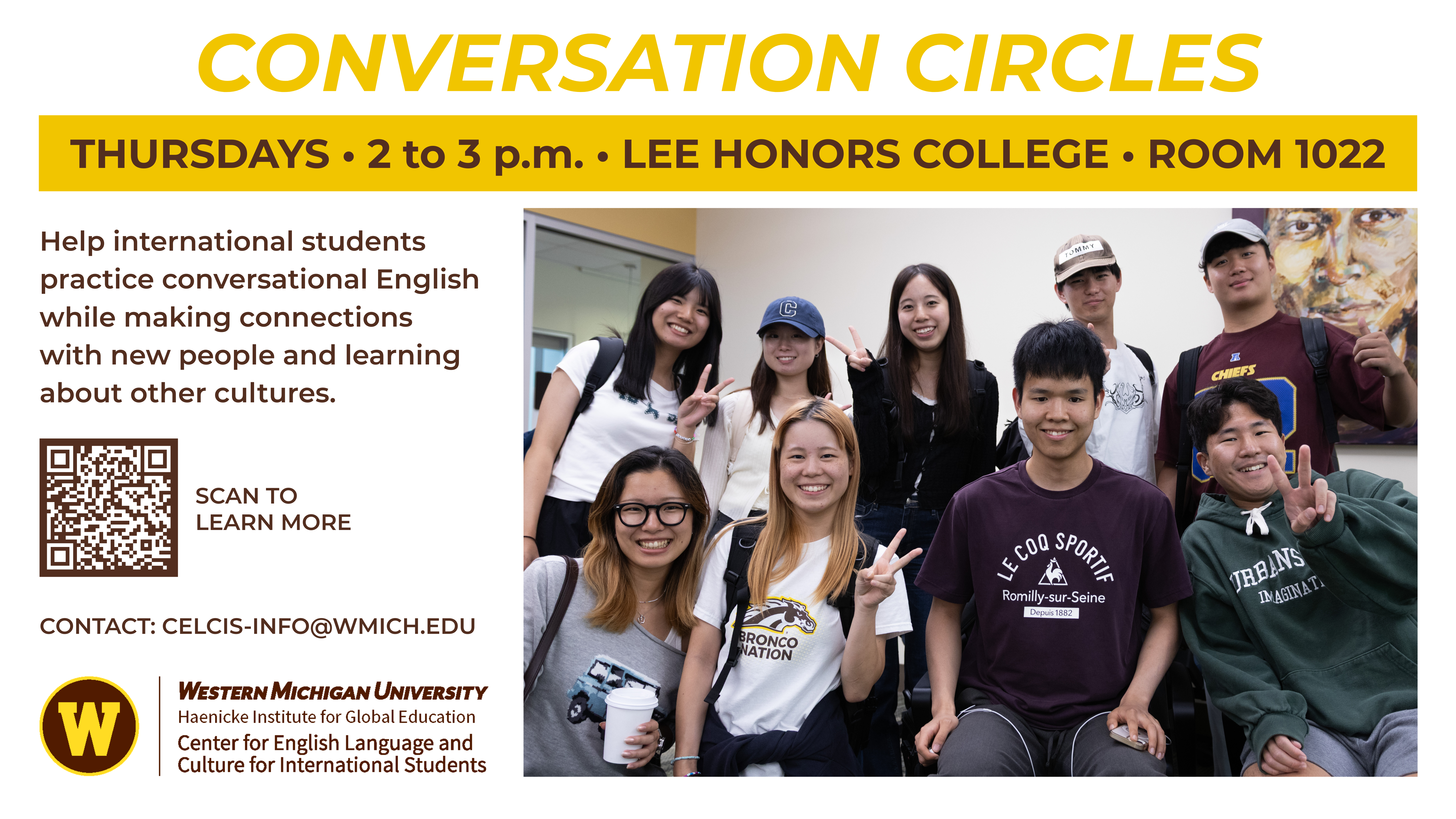 A flier promoting Conversation Circles showing WMU Students at an event.