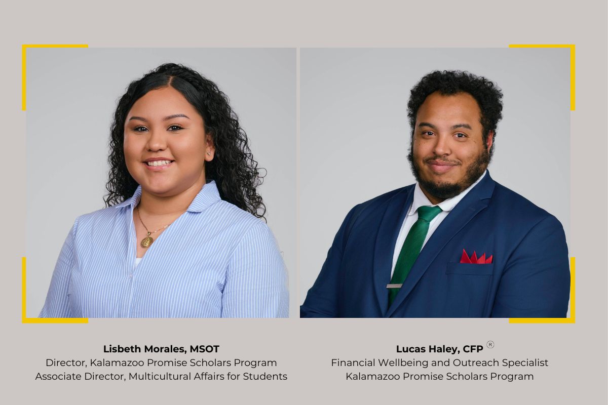 Photo of Director of Kalamazoo Promise Program Lisbeth Morales and Financial Wellbeing Specialist Lucas Haley