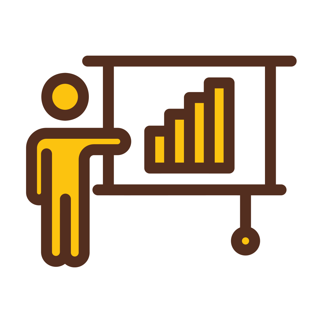 Icon of a person standing in front of a presentation screen.