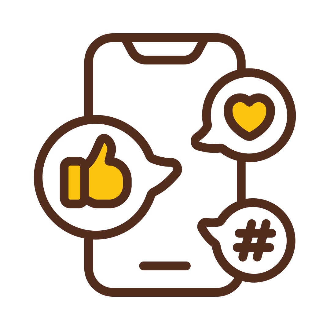 Icon of a mobile phone with social media reactions on it.