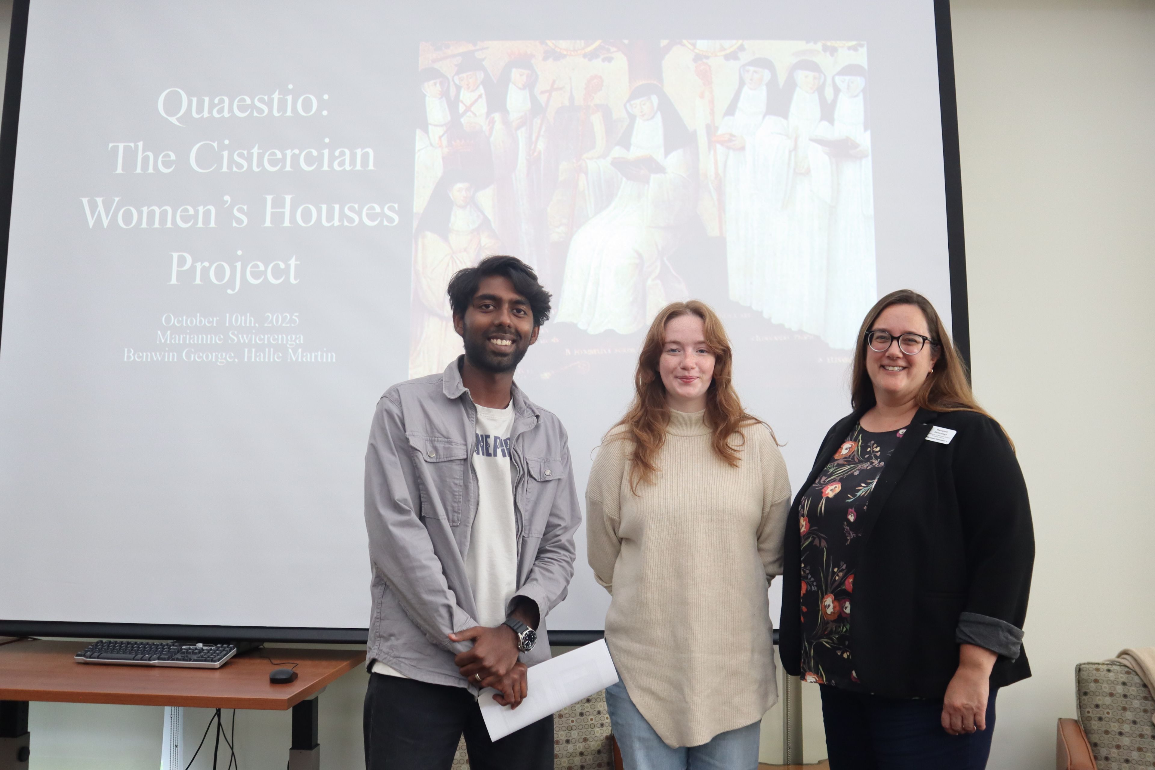 Benwin George, Halle Martin and Marianne Swierenga present their Cistercian Women’s Houses project at the Medieval Research Group’s Quaestio event in October 2025.