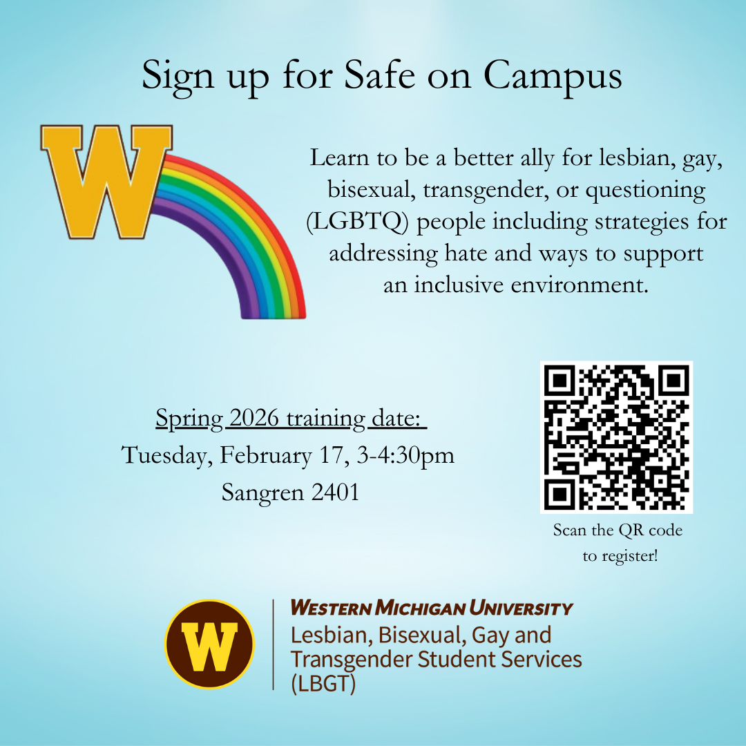Gold W with rainbow icon. Black text on light blue background for Tuesday, Feb. 17, 3-4:30pm, Sangren 2401. Learn to be a better ally for LGBTQ people including strategies for addressing hate and ways to support an inclusive environment.