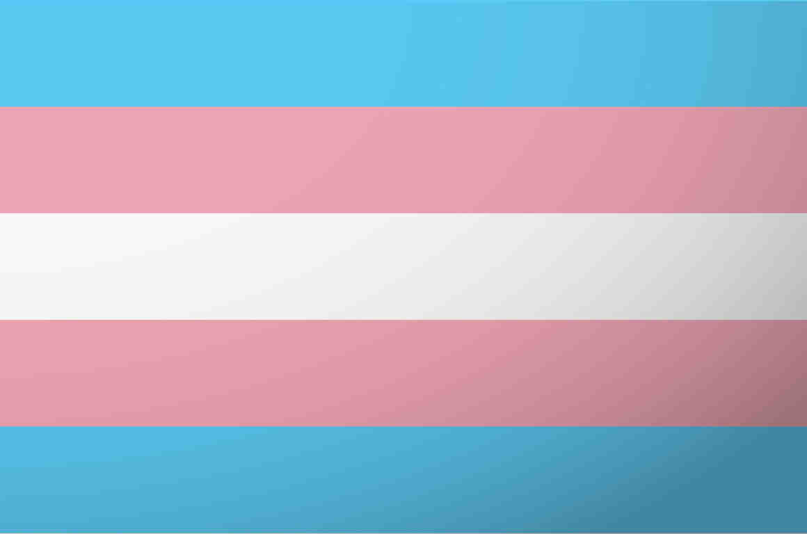 Horizontal transgender pride flag that has a single white strip across the middle sandwiched in between 2 pink stripes and 2 blue stripes. 