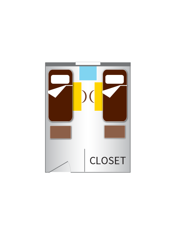 Valley Oaks room diagram with two beds, two desks, two sets of drawers, an AC unit and a shared closet.