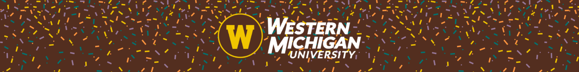 A graphic featuring the Western Michigan University logo centered on a brown background, with a rain of colorful, elongated confetti.
