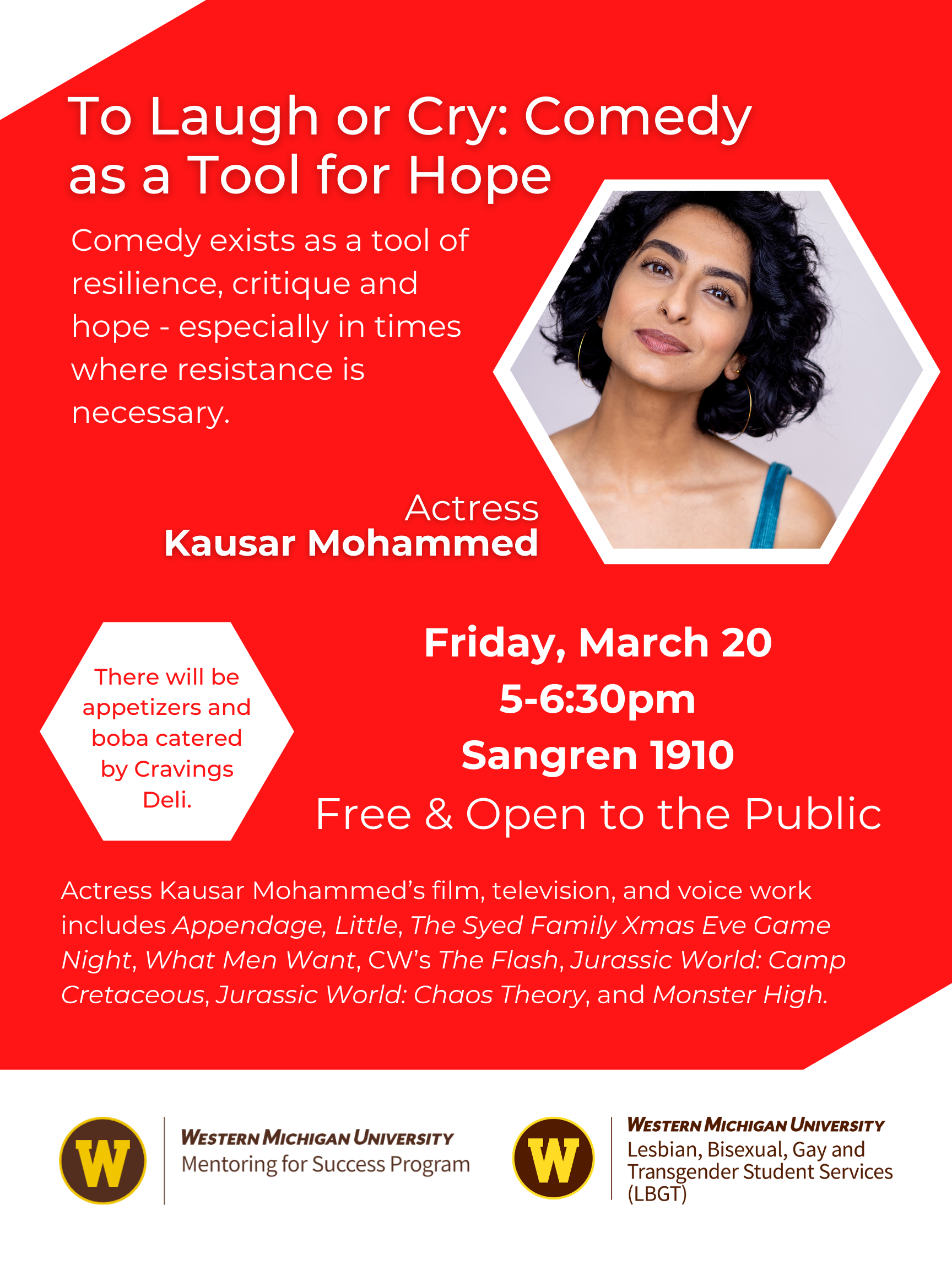 Headshot of actress Kausar Mohammed on red background with white font.