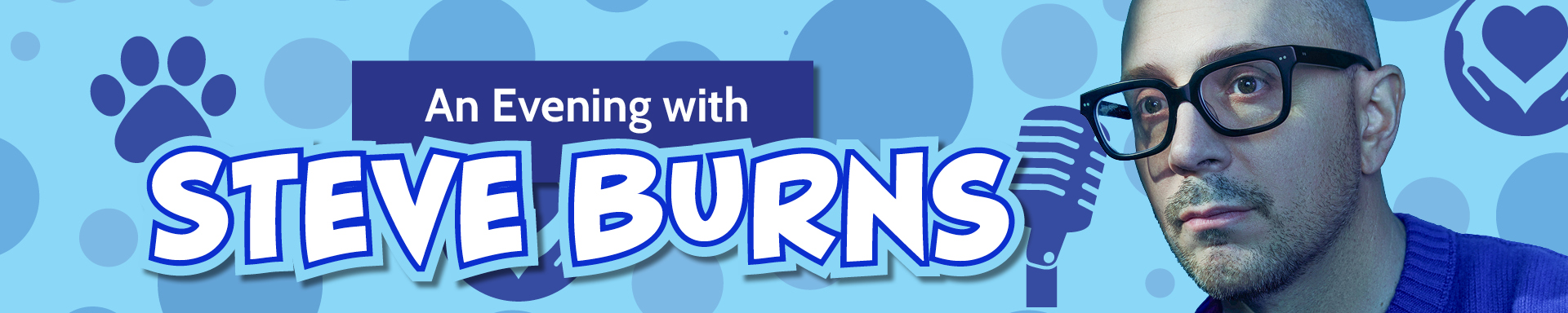 Steve Burns on a blue background with paw prints, microphones and mental health icons on it.