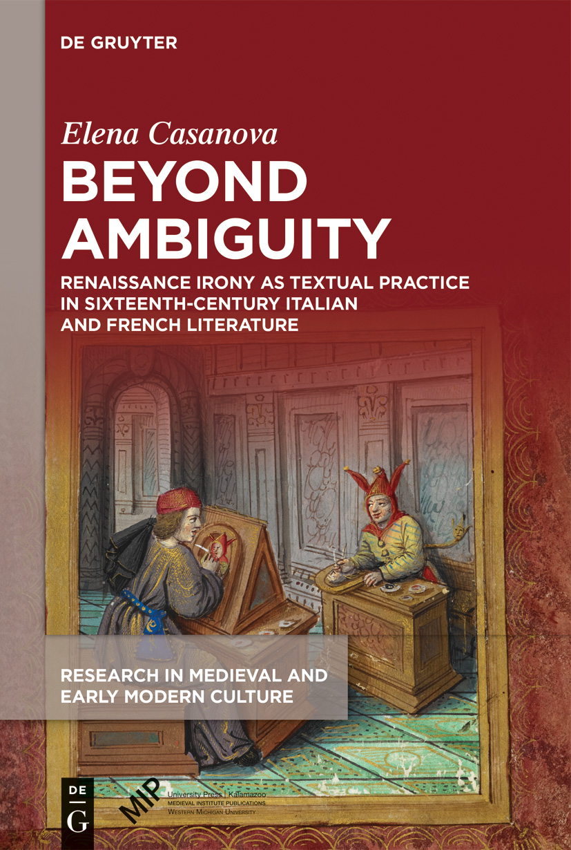 Cover of Beyond Ambiguity; title above an image of an artist painting a subject wearing a jester's hat.