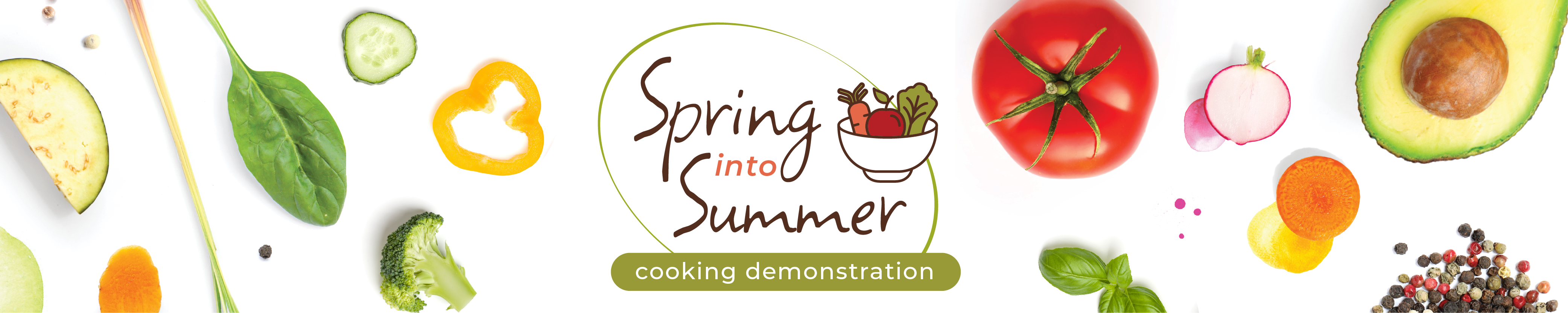 Header for the Spring Into Summer Cooking Demonstration which shows fresh vegetables on a white background.